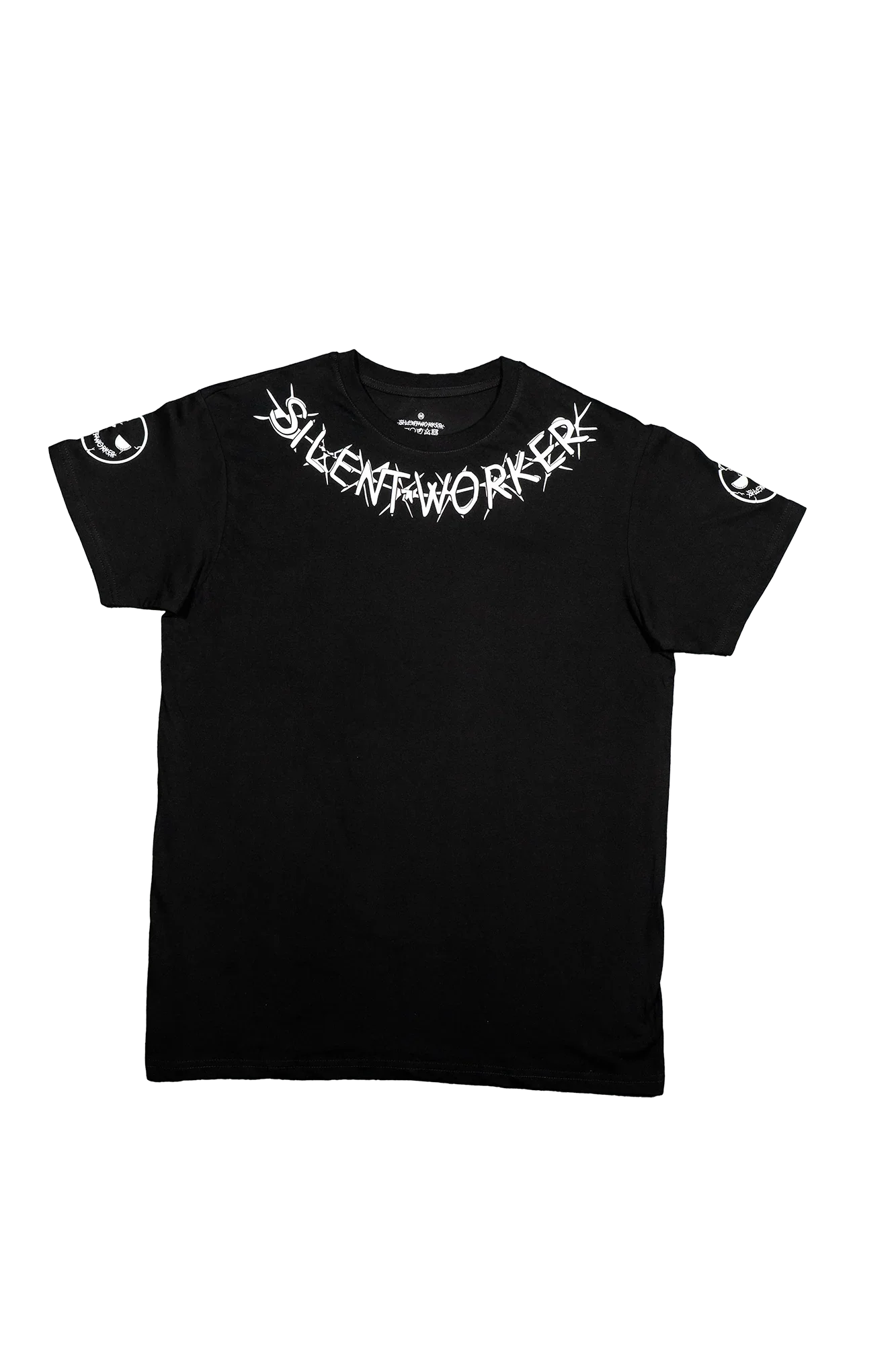 Silent Worker black powerlifting t-shirt with bold white logo and sleeve graphics, Hong Kong