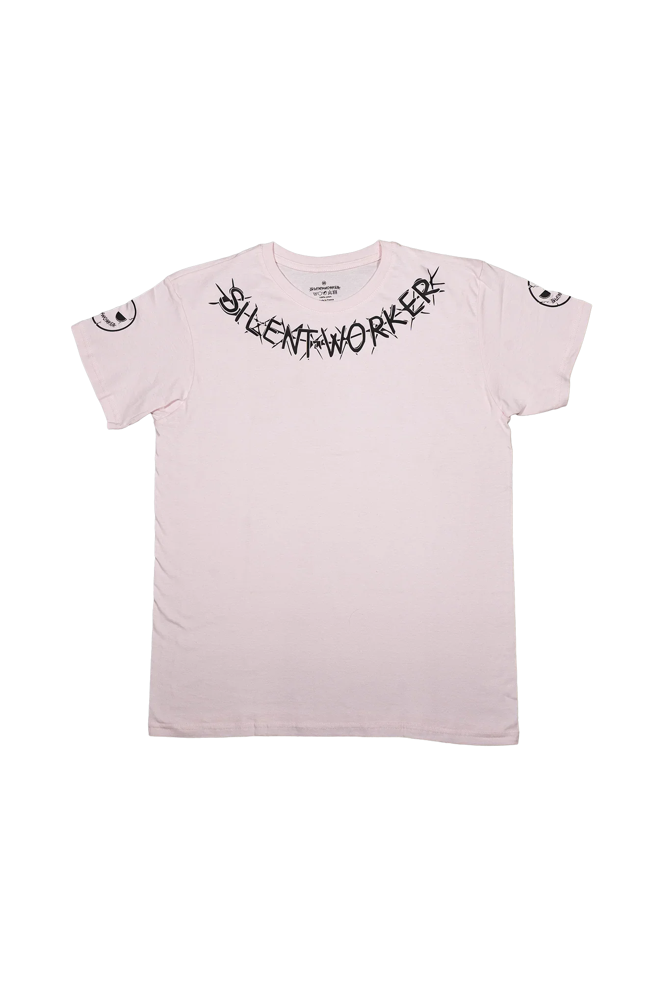 Light pink Silent Worker powerlifting t-shirt with bold black logo and sleeve graphics.