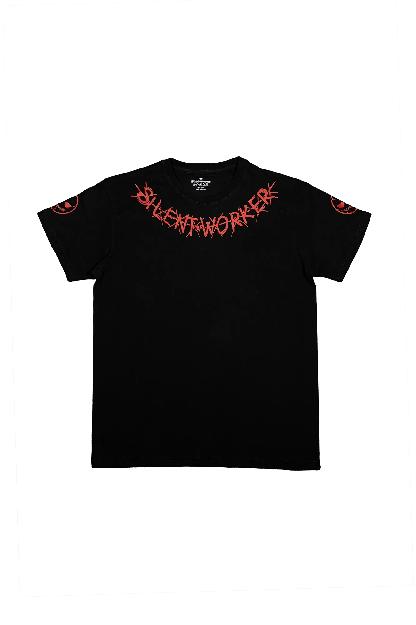Black Silent Worker powerlifting tee with red graffiti logo, flat lay on marble background