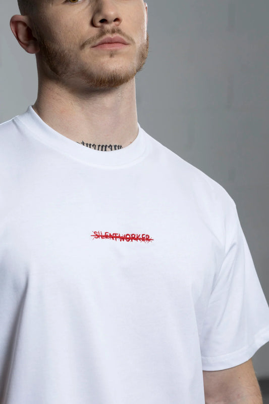 Silent Worker white powerlifting t-shirt with red embroidered logo, shown on a model