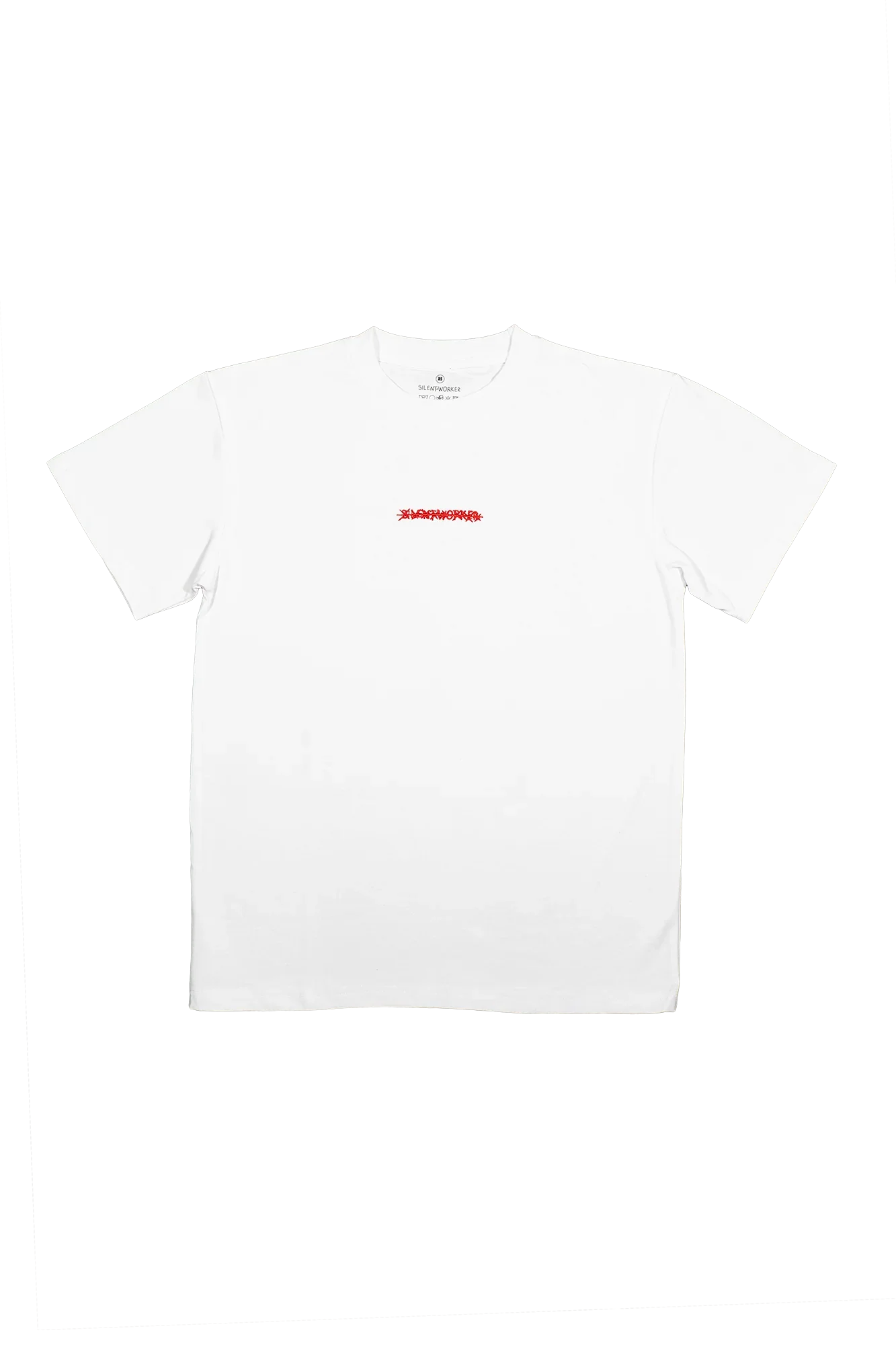 Silent Worker white oversized t-shirt with red logo, powerlifting apparel on marble background