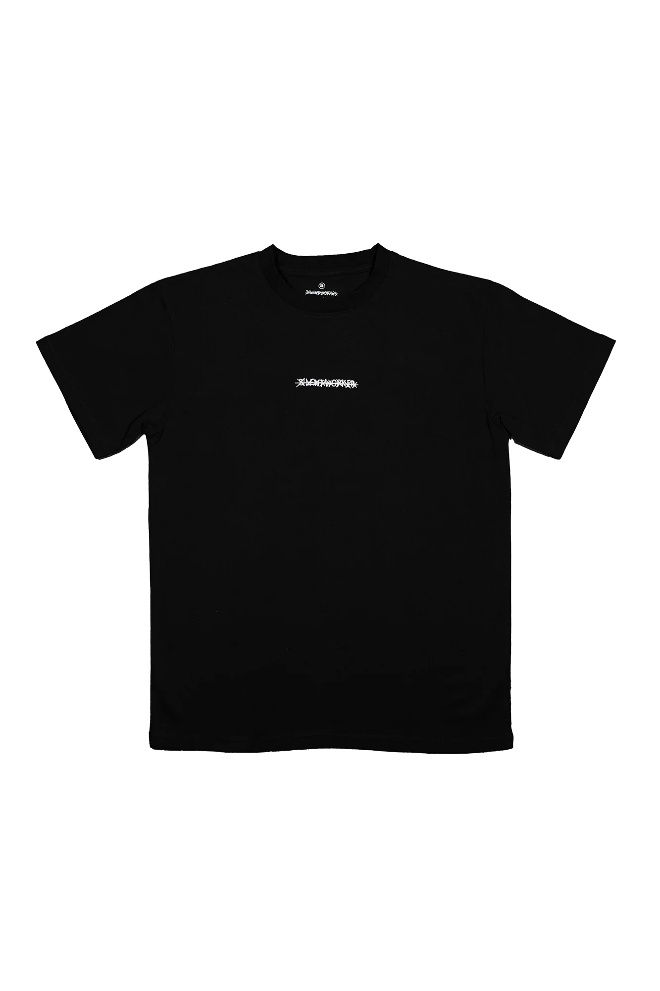 Silent Worker black oversized t-shirt with white logo, powerlifting apparel, flat lay