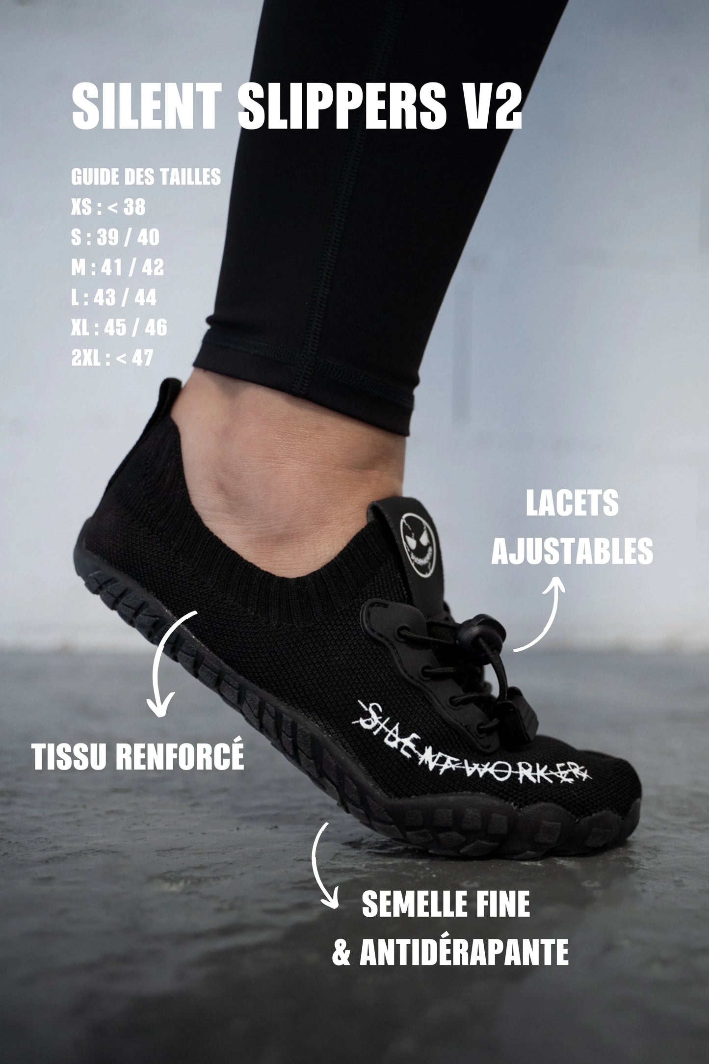 Black Silent Worker V2 powerlifting slipper with reinforced fabric, adjustable laces, on foot.