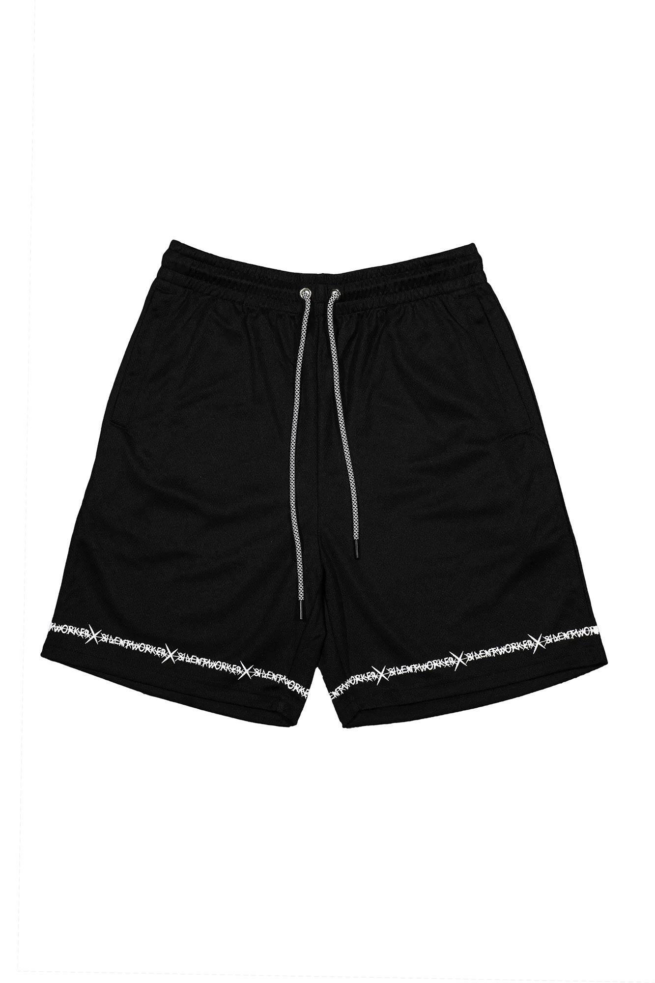Silent Worker black powerlifting shorts with white drawstrings and logo trim on marble background