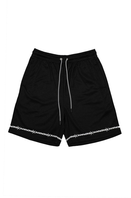 Silent Worker black powerlifting shorts with white drawstrings and logo trim on marble background
